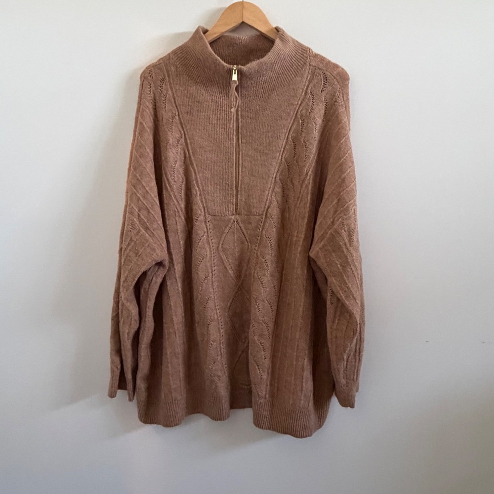 Talbots Plus Womens 3X Camel Brown Quarter Zip Cable Knit Sweater Mock Neck
